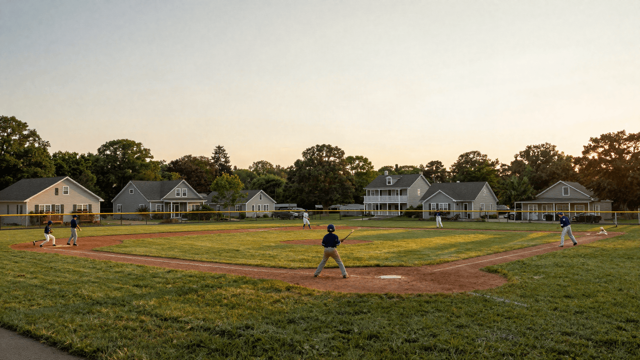 A community little league baseball field on a warm summer evening