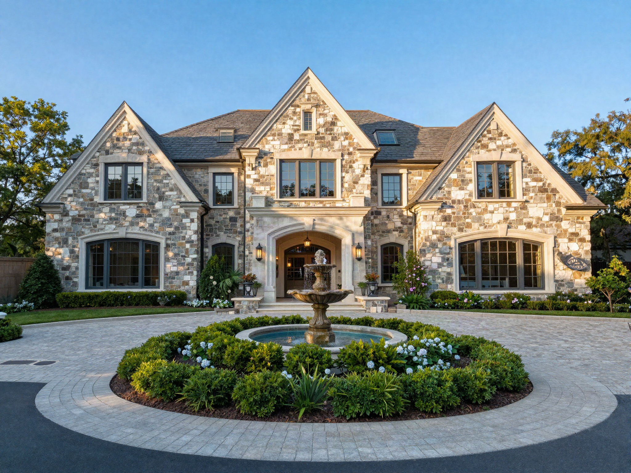 A stone-clad luxury estate with a circular paver driveway