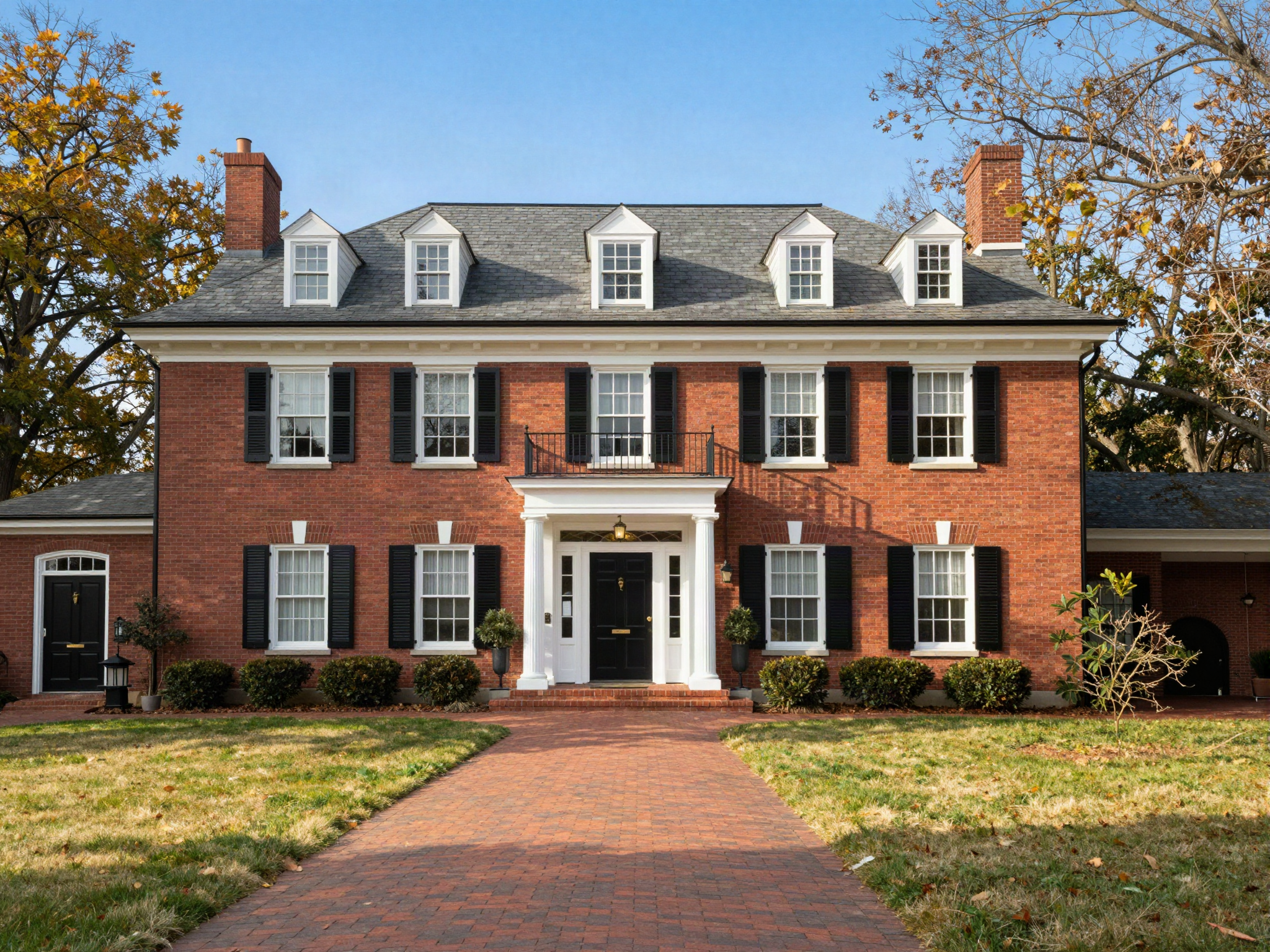 A stately red-brick Georgian colonial with white columns