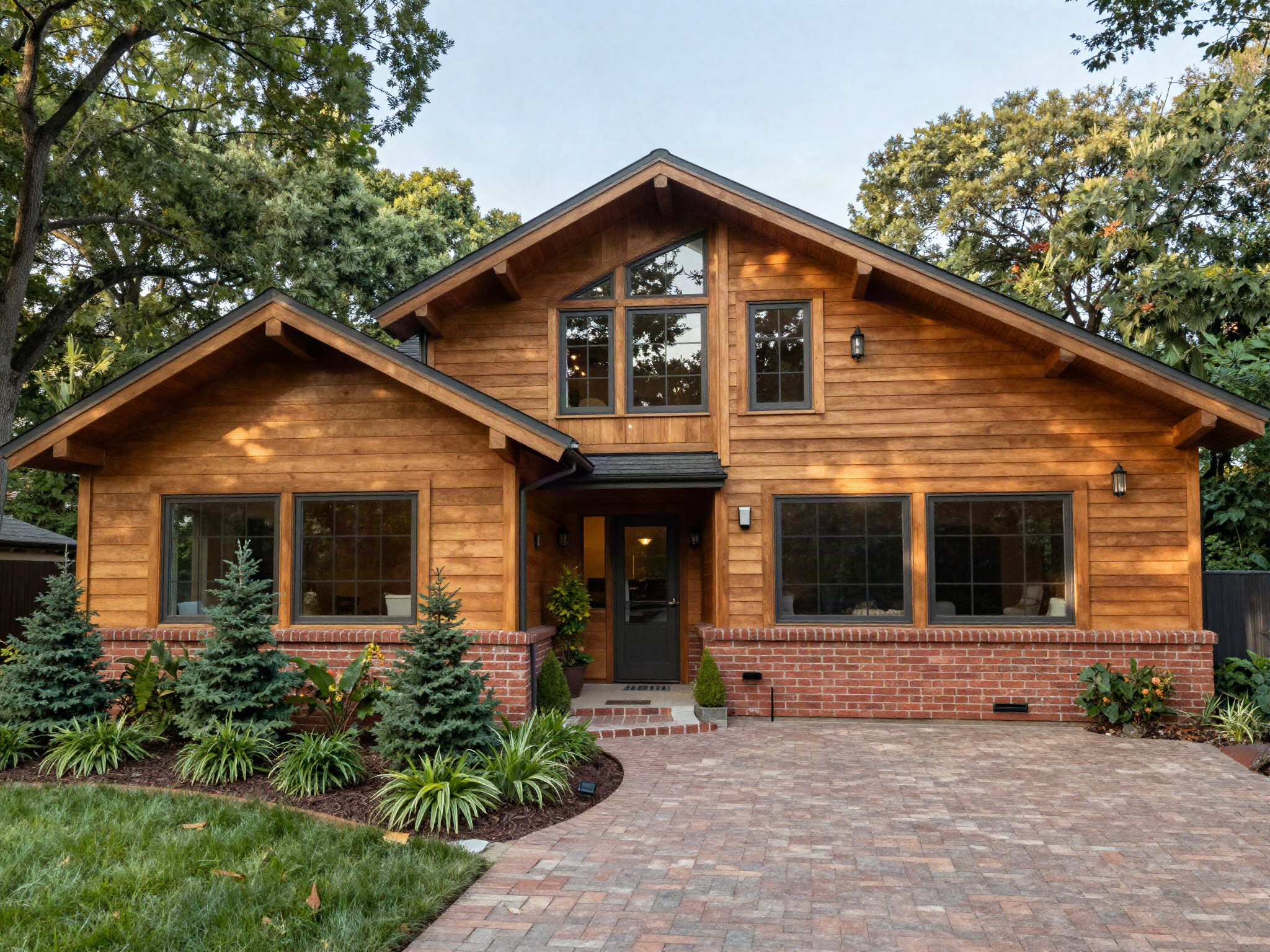 An upscale mid-century modern home with cedar and brick