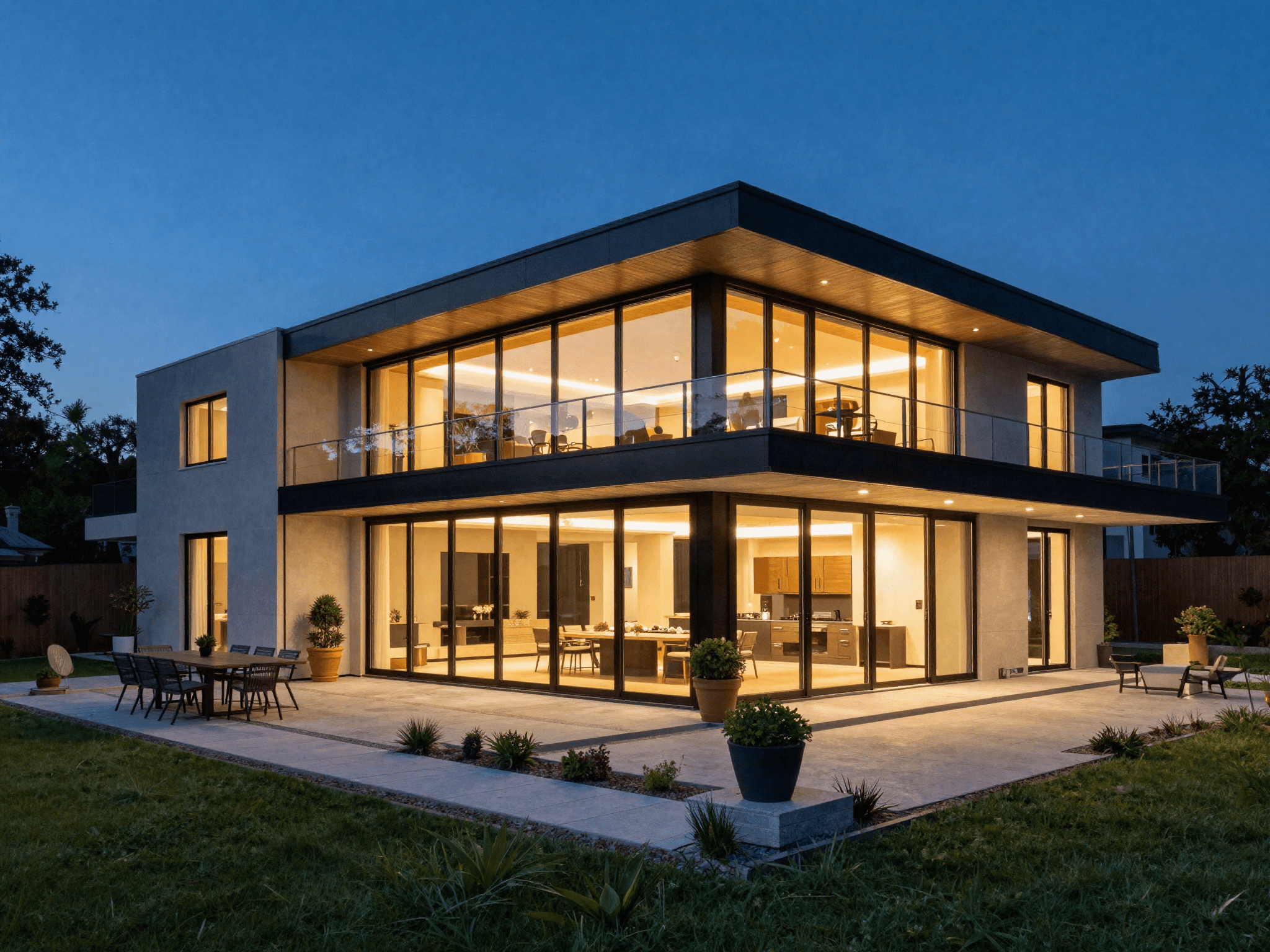 A sleek modern contemporary home glowing at dusk