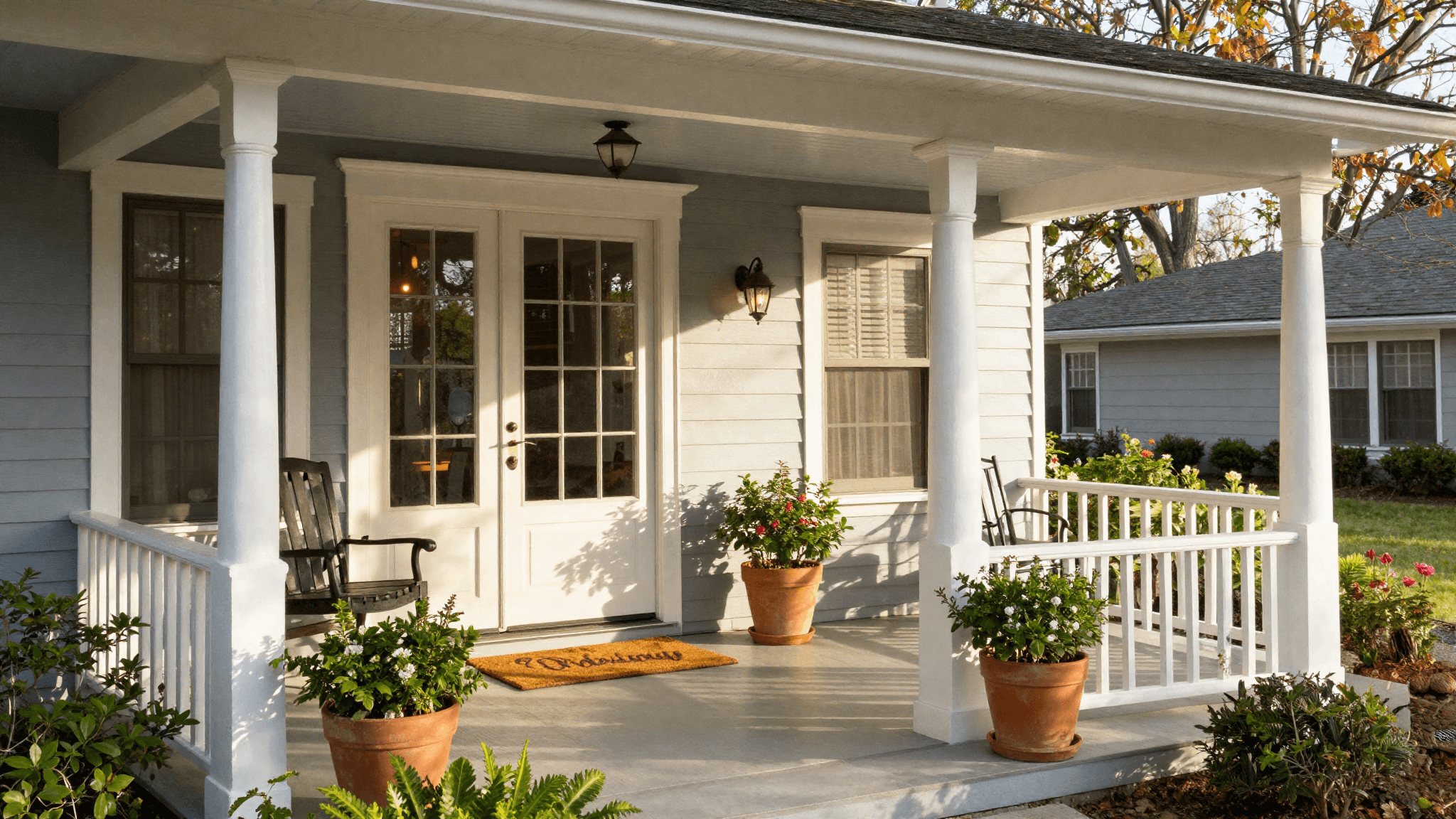 An inviting covered front porch of a classic Long Island home