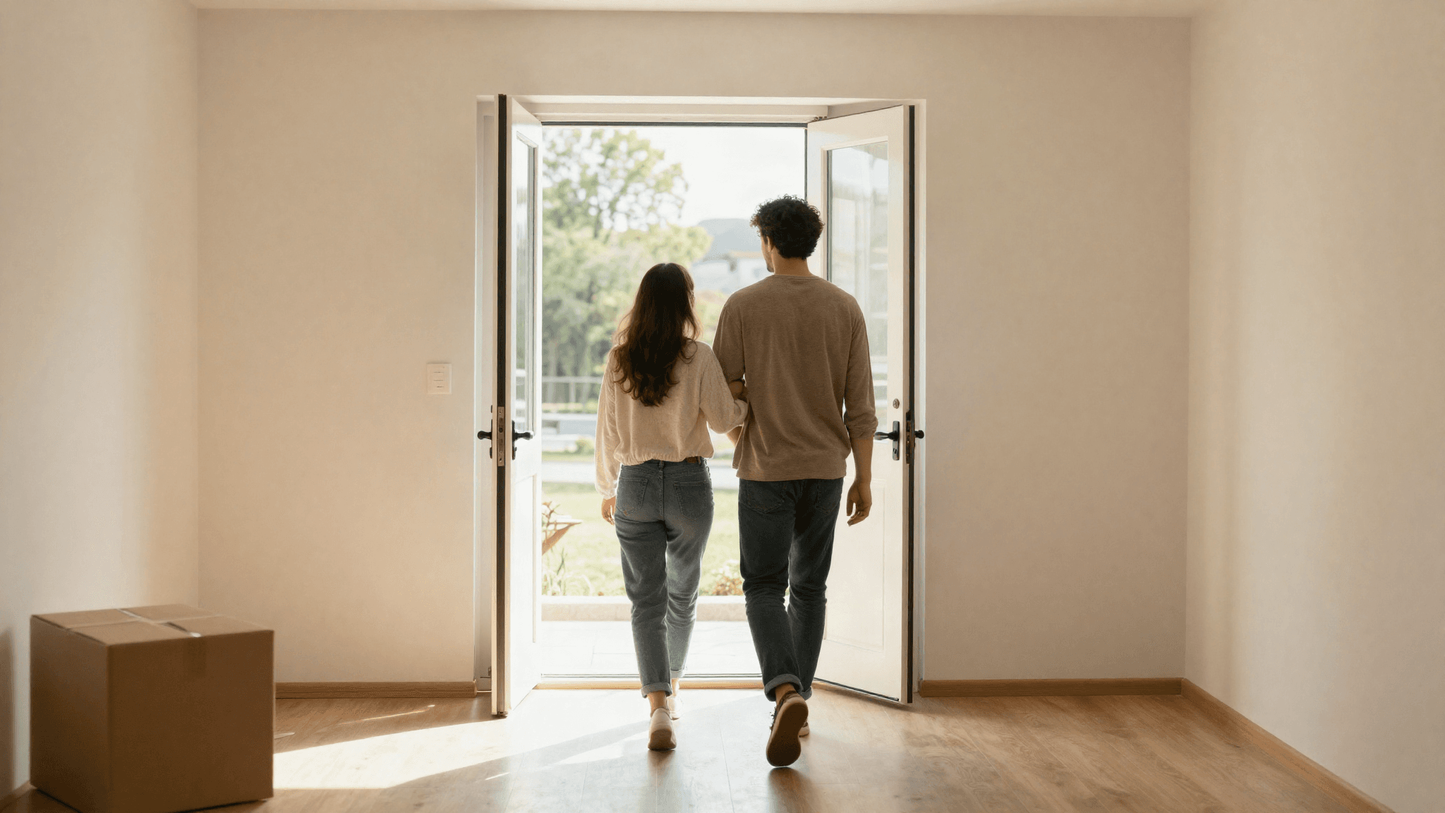 A couple walking into a bright, sunlit new home
