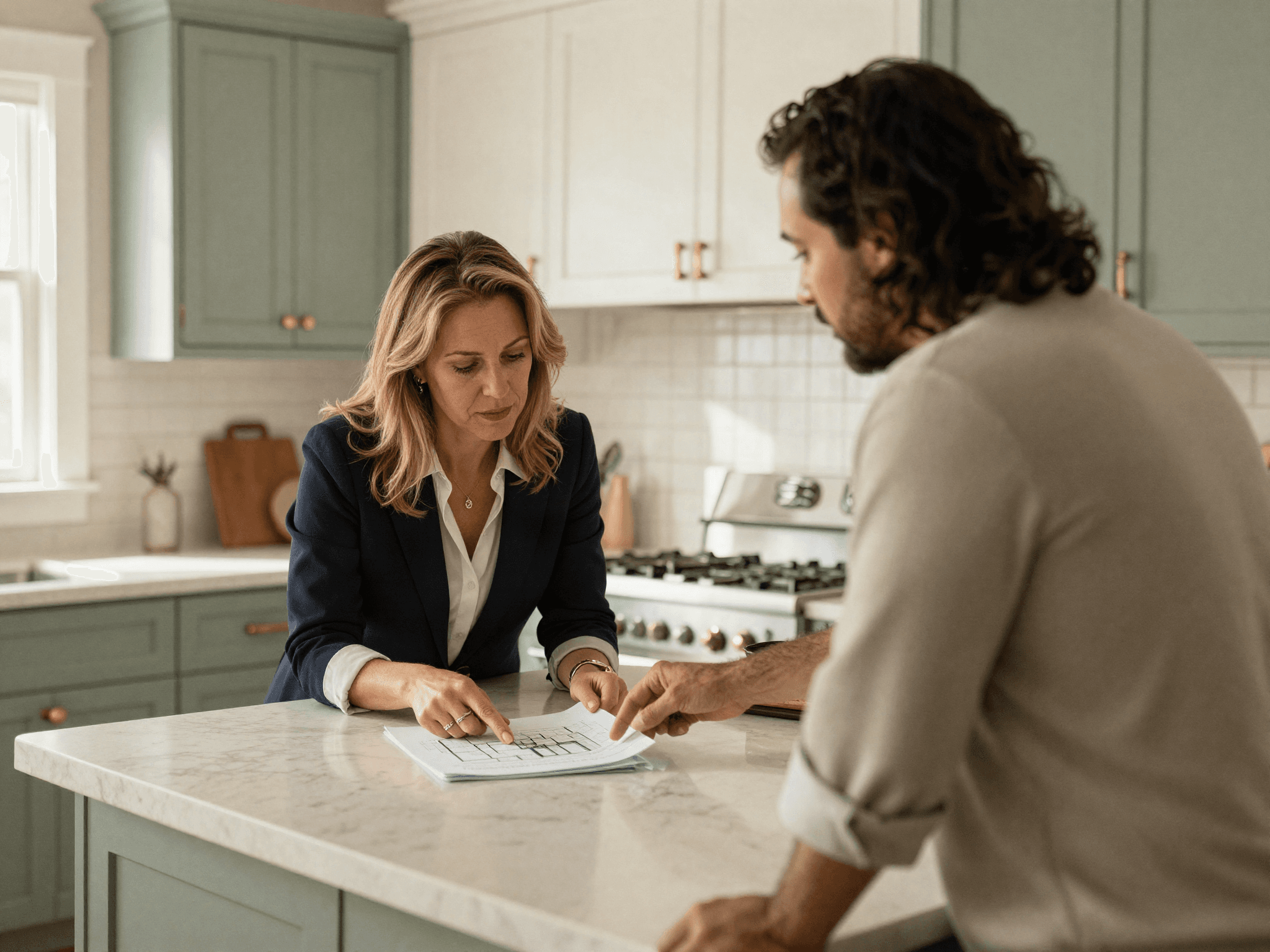 Lynda reviewing paperwork with a couple at a kitchen island