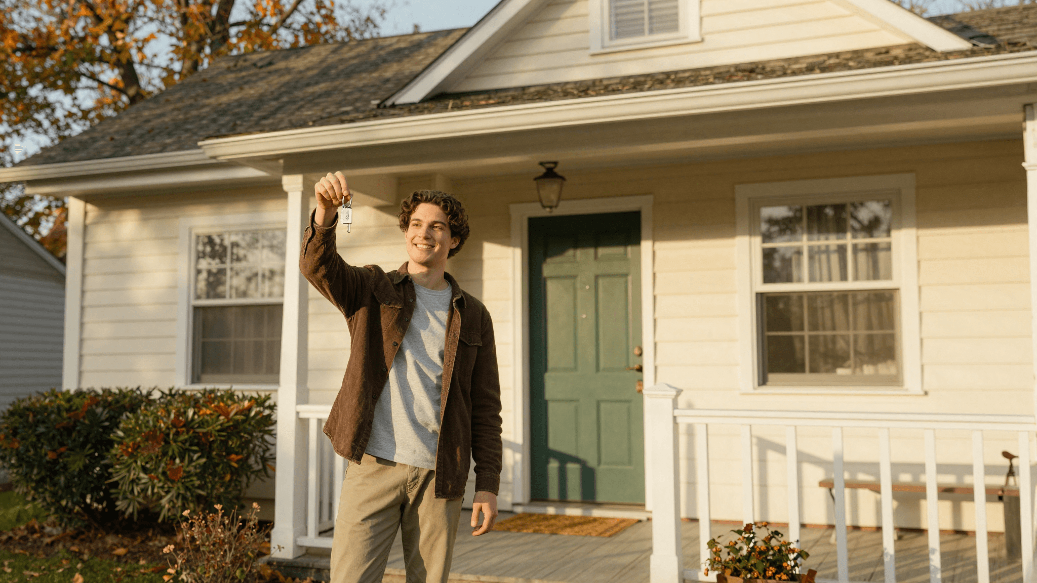 A happy first-time buyer holding keys on the porch of his new home