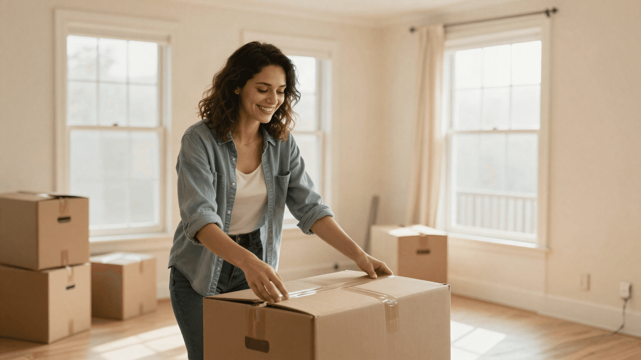 A relocating buyer unpacking boxes in a bright, sunlit new home
