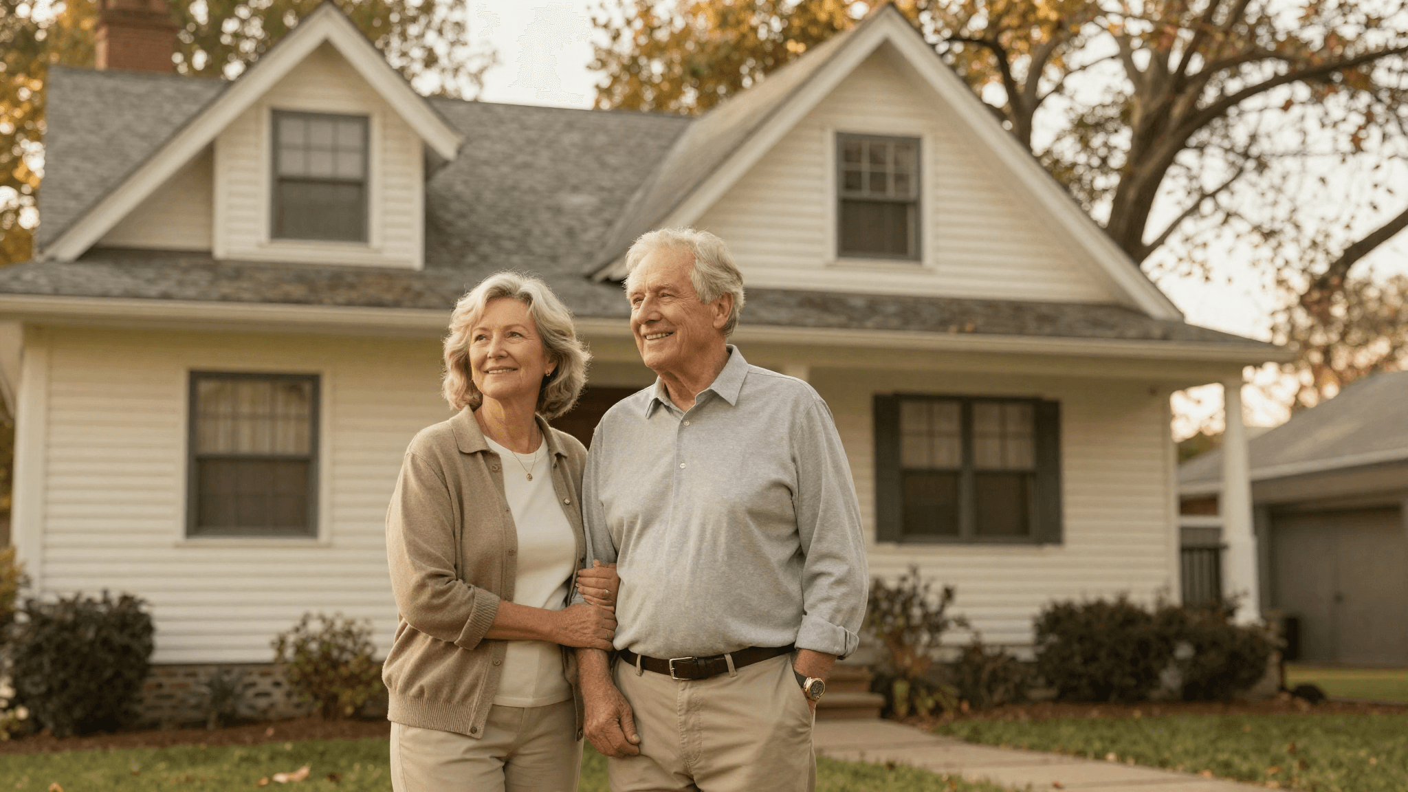An older couple standing together in front of their longtime family home