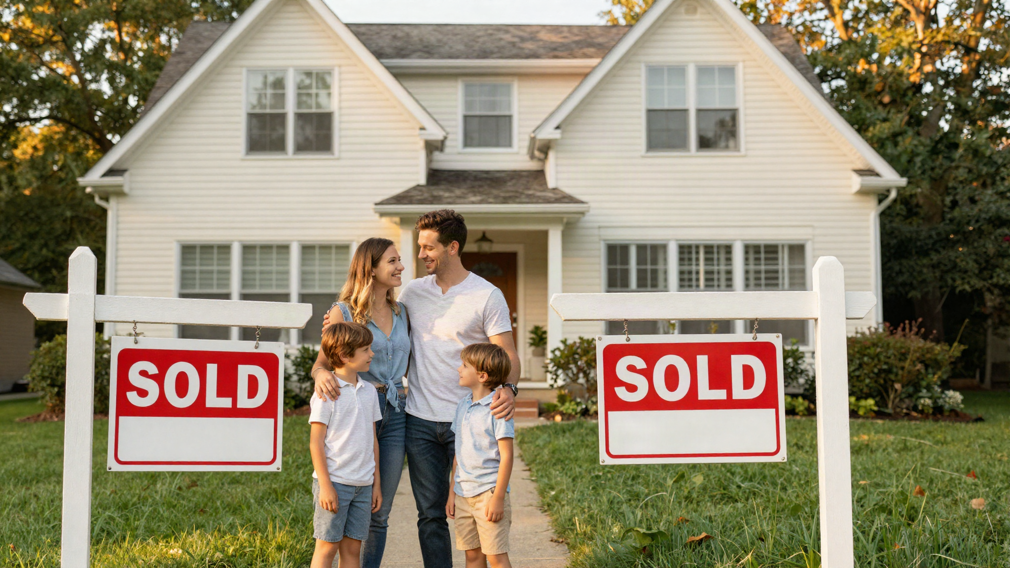 A young family in front of their sold Long Island home
